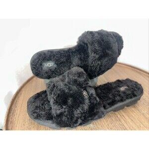 UGG Slippers Womens - Size 7 - Black Cozette Slides - Fuzzy Sheepskin Flip-Flop